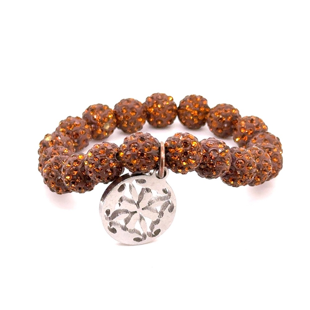 Rustic Cuff Amber Disco Ball Bead Stretch Bracelet with Silver Logo Charm
